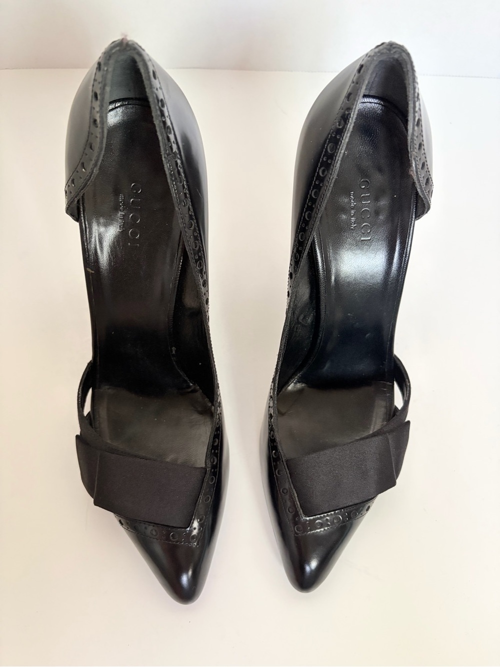 Gucci D’Orsay Stiletto Pumps Pointed Toe Trim Ribbon Satin Leather Black Size 39 - Picture 13 of 15